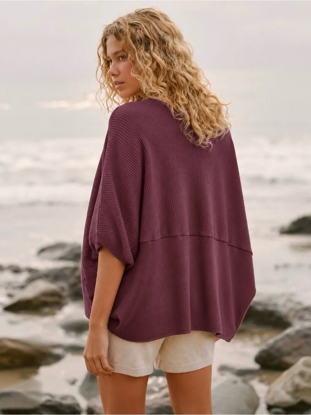 Free People FP Beach Ribbed Cocoon Cardigan Burgundy Size XS/S